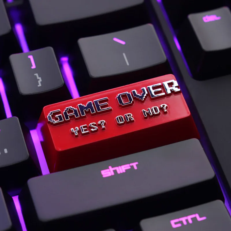 Game Over 2.25U metal keycap in red and dark metal